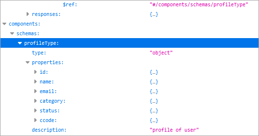 Image from the OpenAPI document showing the profileType JSON schema with a description property